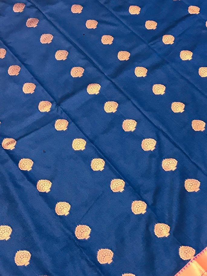 Blue With Golden Color Designed Saree In Cotton Wood