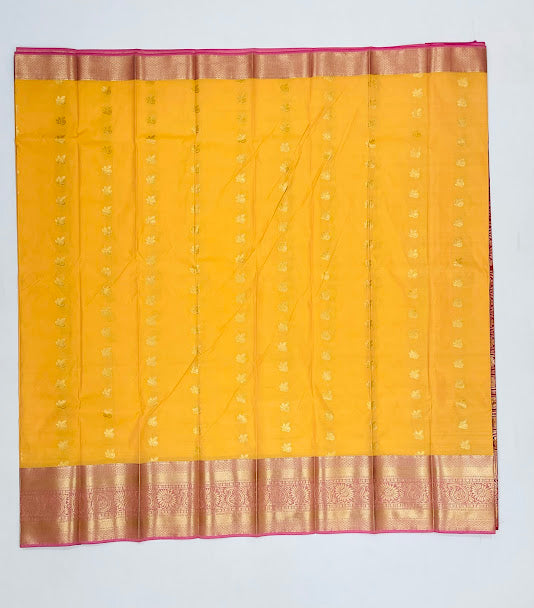 Kanchi Silk With Pink Color paisley Motifs Border And Gold Zari Work In Yuma