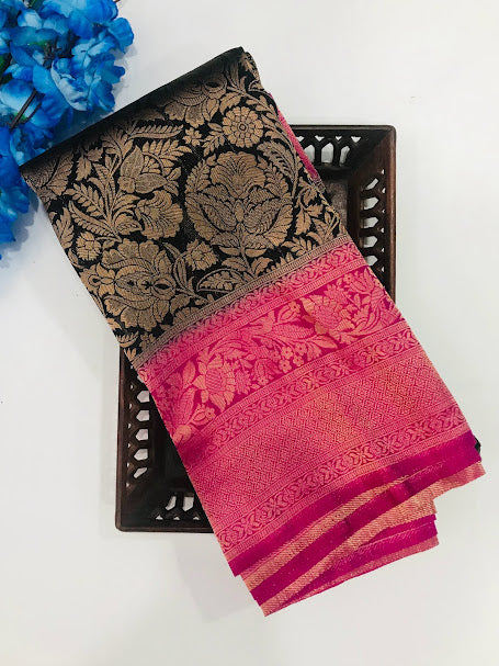 Stunning Black Colored Soft Silk Saree With Pink Color Rich Pallu