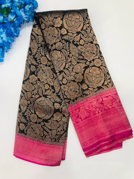 Stunning Black Colored Soft Silk Saree With Pink Color Rich Pallu