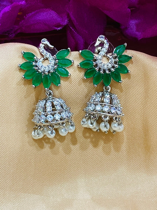 Elegant Green Colored Peacock Design American Diamond Earrings