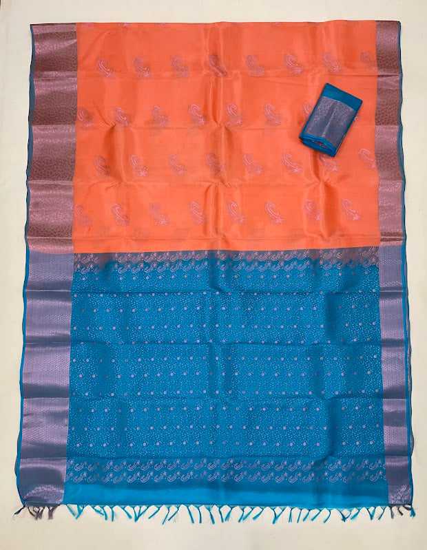 Charming Peach With Blue Color Pure Kanchi Silk Saree In Chandler