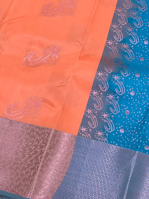 Charming Peach With Blue Color Pure Kanchi Silk Saree In Mesa