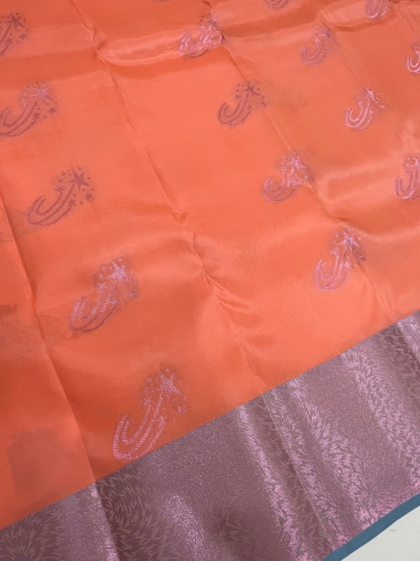 Charming Peach With Blue Color Pure Kanchi Silk Saree In Suncity