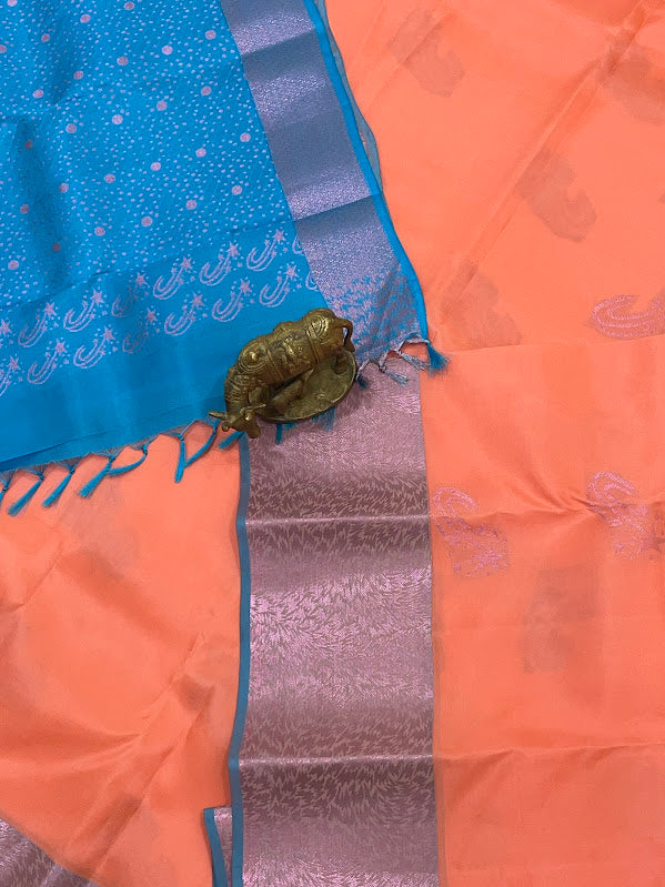 Charming Peach With Blue Color Pure Kanchi Silk Saree In Tempe