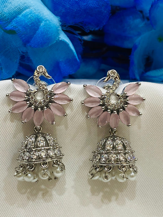 Elegant Light Pink Colored American Diamond Jhumka Earrings 