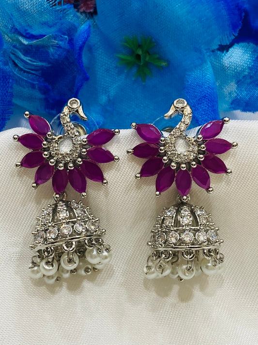 Attractive Pink Colored Peacock Design American Diamond Earring For Women 