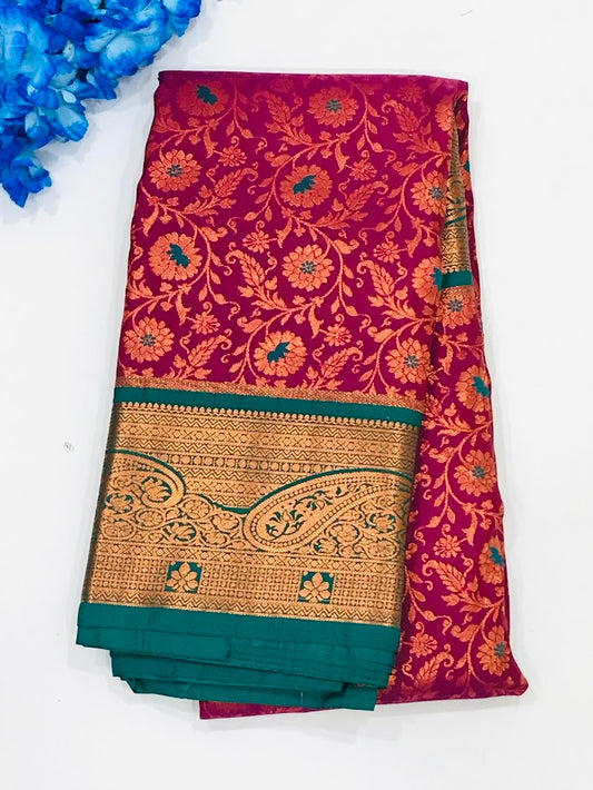 Dazzling Pink Color Floral Designed Contrast Border Art Silk Saree For Women