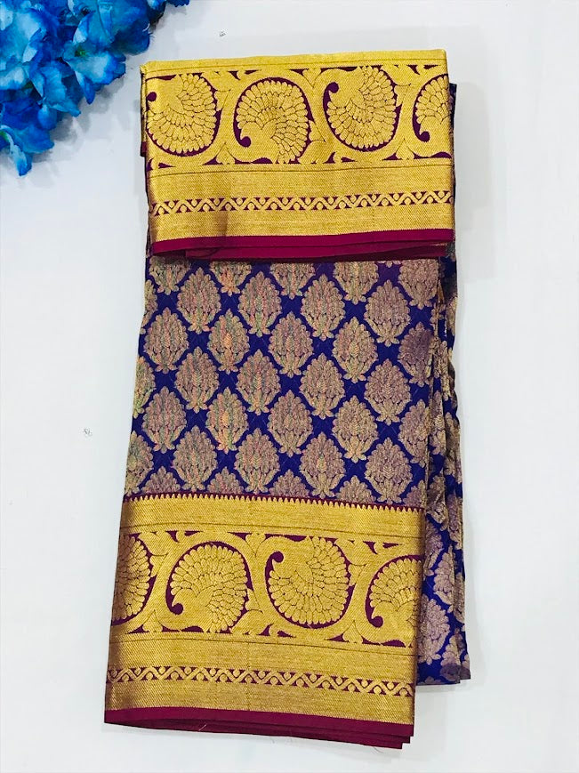 Beautiful Violet Color Pure Kanchi Silk Gold Zari Work Saree For Women