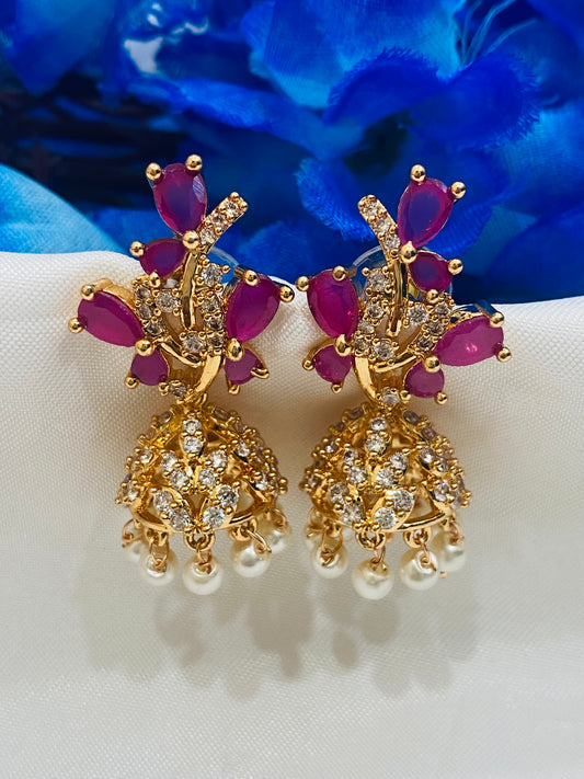 Lovely Pink Color Stones Gold Plated With Beads Earring For Women 