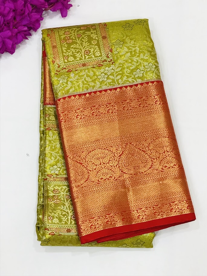 Captivating Green Colored Floral Designed Art Silk Saree For Women