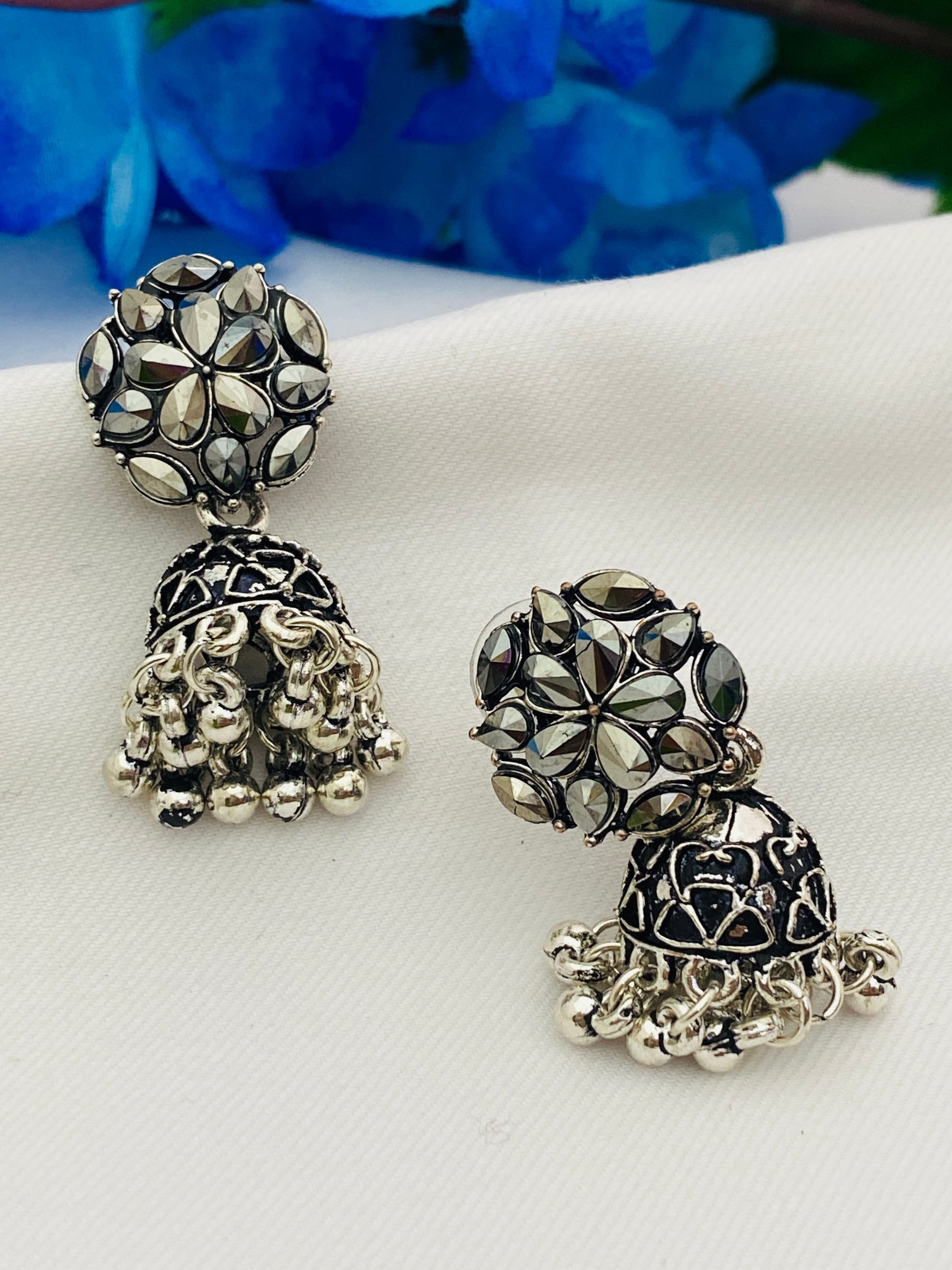 Appealing Oxidised Silver Color Flower Designer With Beeds Jhumka Earrings In USA