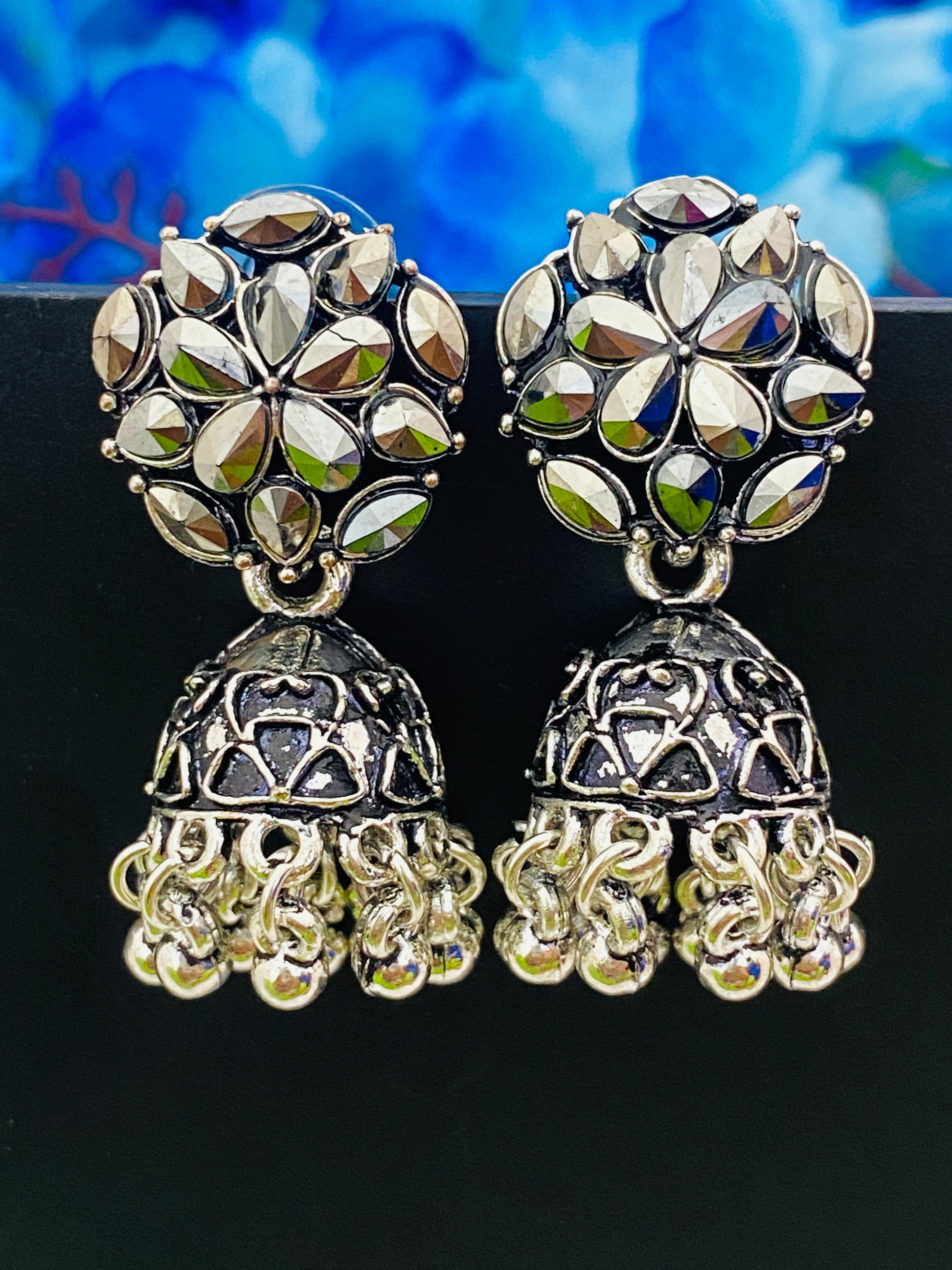 Appealing Oxidised Silver Color Flower Designer With Beeds Jhumka Earrings