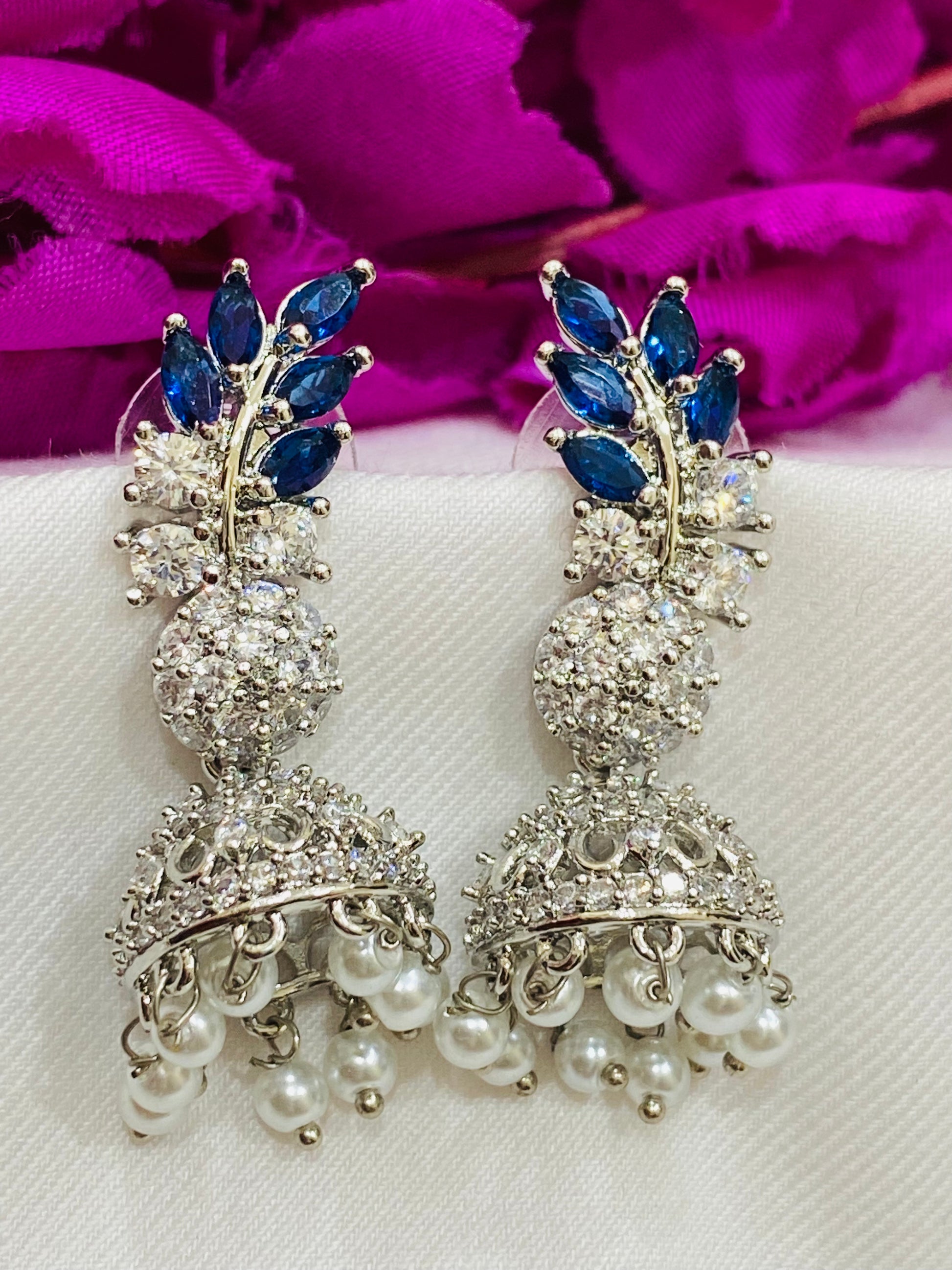 Blue Color American Diamond Stone Work Earrings With Beats For Women Near Me