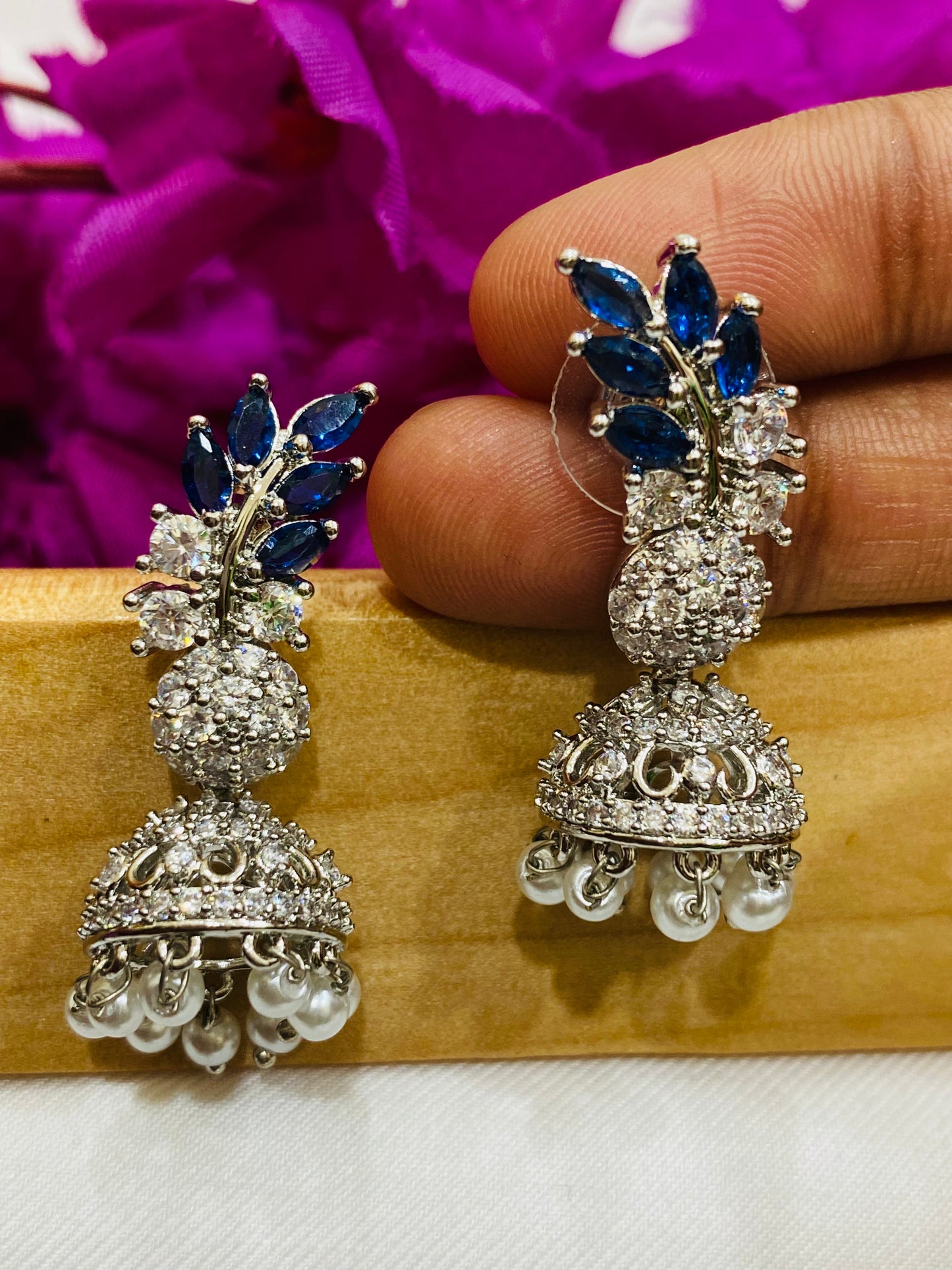 Beautiful Blue Color American Diamond Stone Work Earrings With Beats For Women