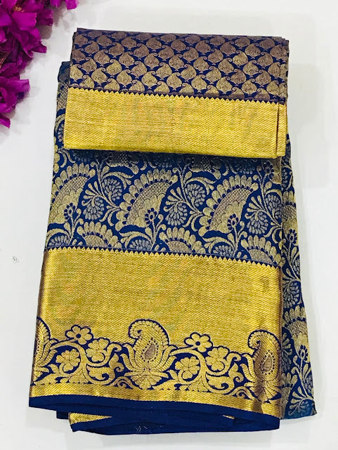 Charming Blue Colored Pure Kanchi Silk Gold Zari Work Saree For Women - SILKMARK CERTIFIED