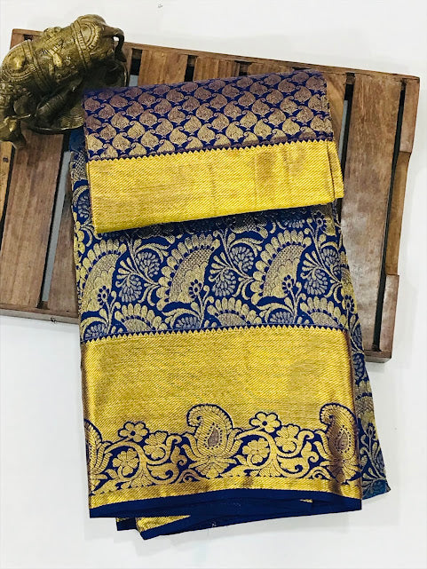 Charming Blue Colored Pure Kanchi Silk Gold Zari Work Saree Near Me