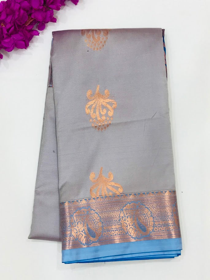 Elegant Grey Color Unique Designed Soft Silk Saree With Zari Bordered For Women