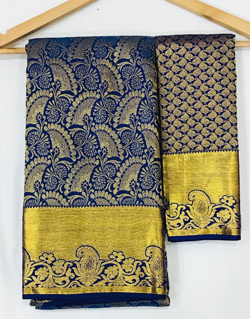 Charming Blue Colored Pure Kanchi Silk Gold Zari Work Saree In USA