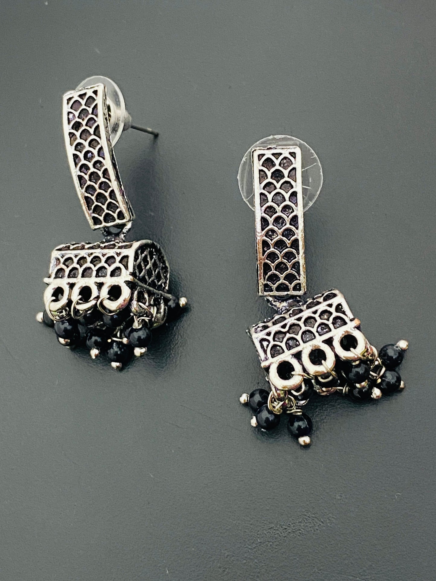 Lovely Silver Replica Antique Toned Black Earrings In Tempe