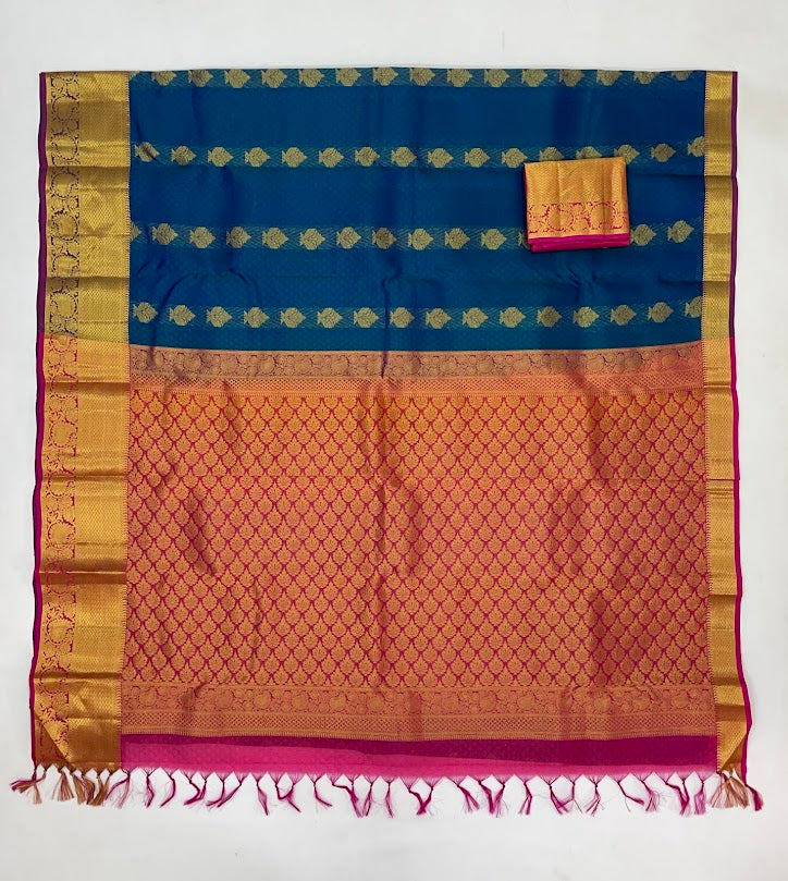 Peacock Blue Kanchi Silk Gold Zari Work Saree In Surprise