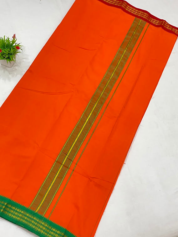 Orange Cotton Dhoti With Red And Green Color Border And Matching Angavastram In USA