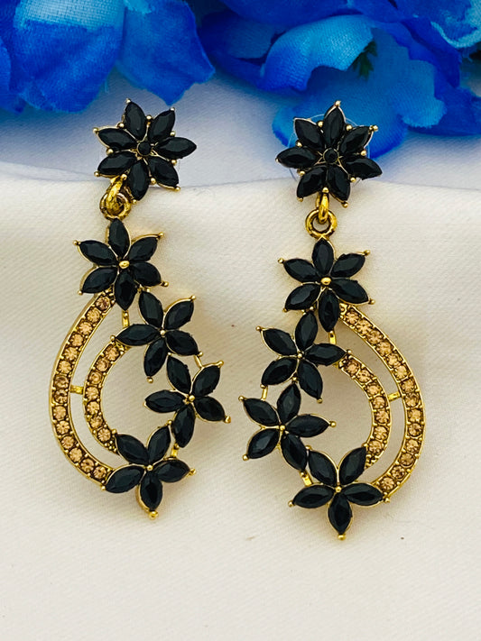 Gorgeous Antique Black Flower Designer Crystal Gold Metal Drops Danglers Earrings
