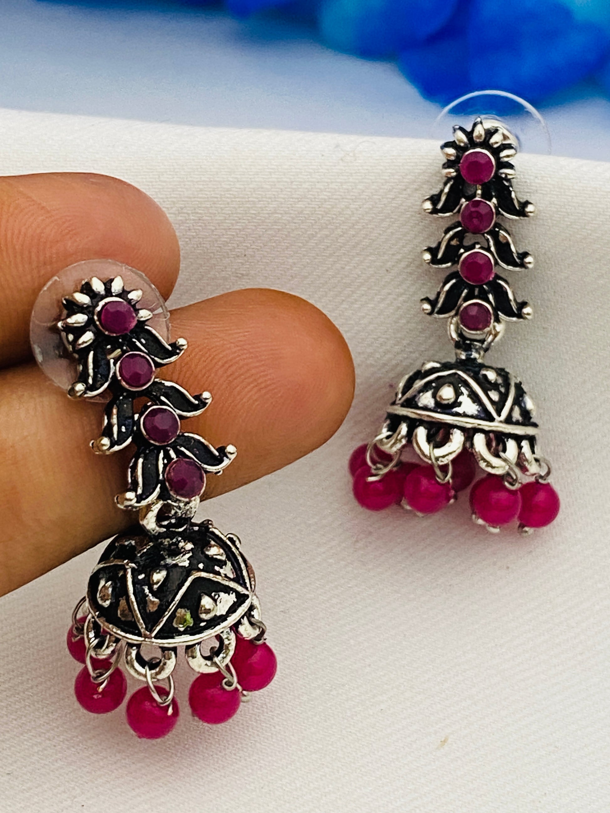 Pretty Oxidized Silver Studded Antique Pink Long Stone Earrings In Tucson