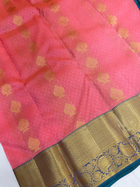 Pink Color Pure Kanchi Silk Gold Zari Work Saree In Surprise