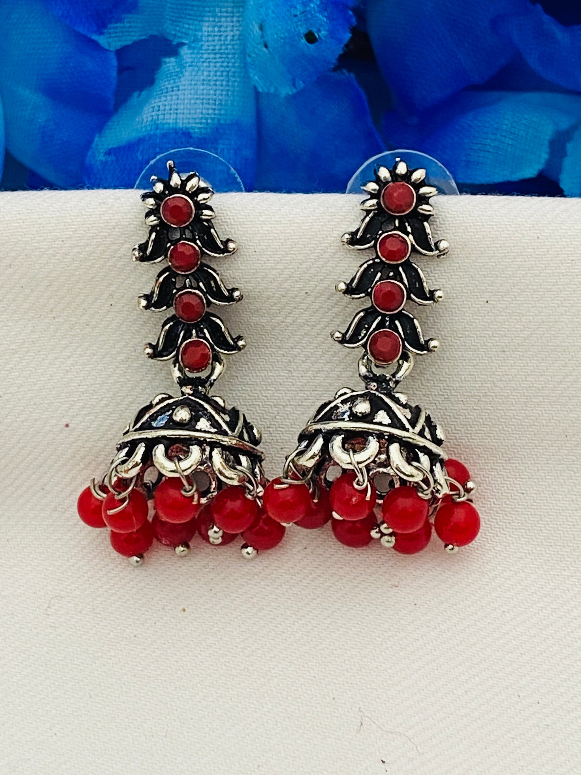 Attractive Traditional Oxidized Red Floral Design Stone Dangle Jhumka In USA