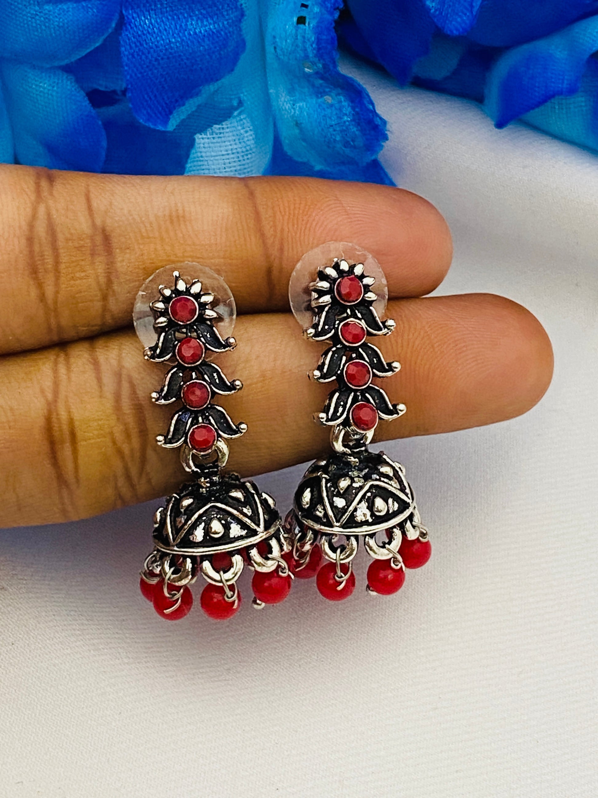 Attractive Oxidized Red Floral Design Stone Dangle Jhumka In ApacheJunction