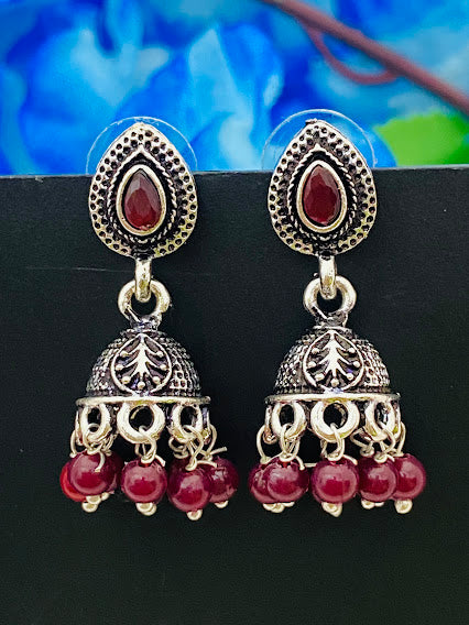 Beautiful Brown Color Crystal Ruby Silver Plated Oxidized Jhumka Earrings