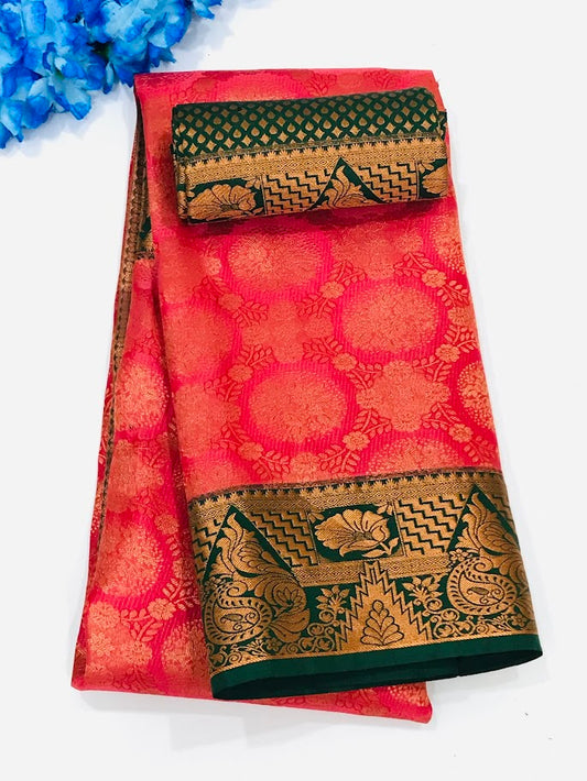 Attractive Red Color Art Silk Saree Green Color Bordered With Matching Blouse 