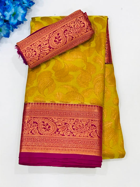 Fantastic Olive Green Color Designer Art Silk Saree With Contrast Blouse