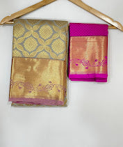 Attractive Gray Color Pure Kanchi Silk With Gold Zari Work Saree In USA