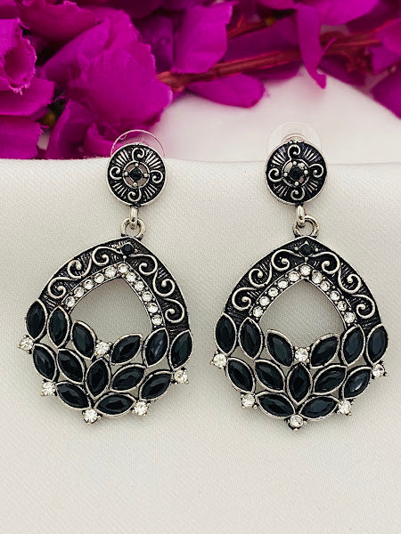 Gorgeous Oxidized Silver Plated Tear Drop Designer Earrings With Black Stones