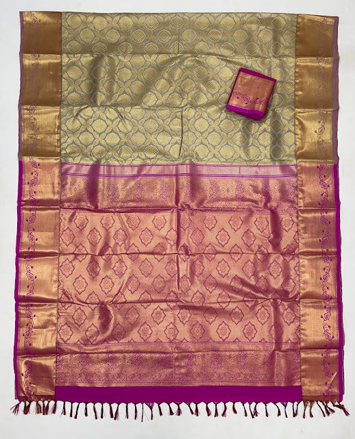 Attractive Gray Color Pure Kanchi Silk With Gold Zari Work Saree In Mesa
