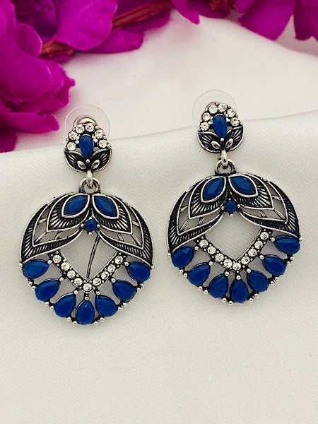 Dazzling Blue Color Leaf Design Oxidized Earrings