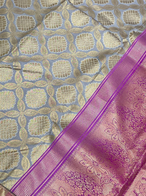 Gray Color Pure Kanchi Silk With Gold Zari Work Saree In Chandler