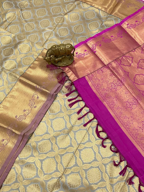 Gray Color Pure Kanchi Silk With Gold Zari Work Saree In Yuma