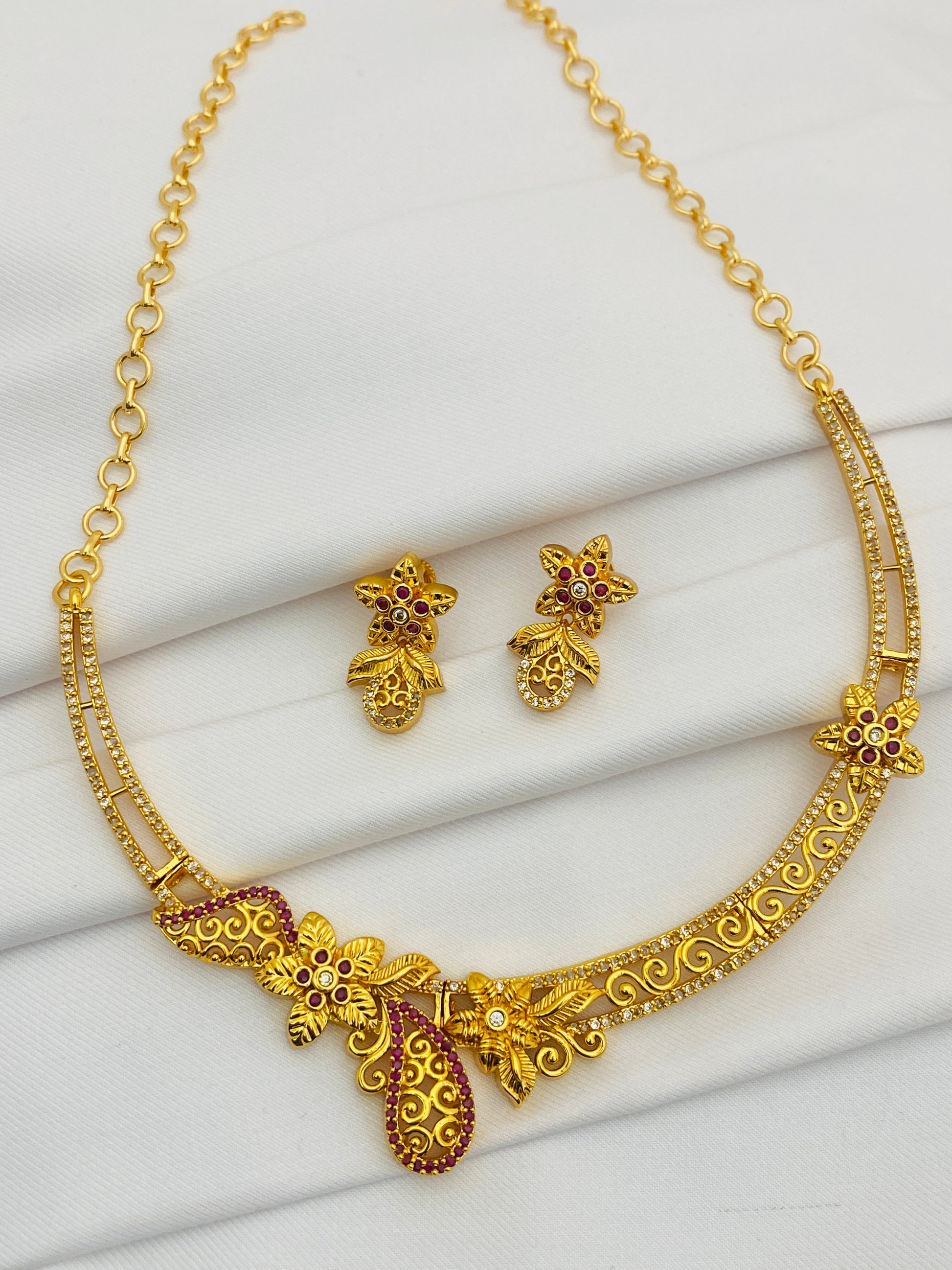 Gold Plated Premium Ruby Stoned Necklace Set In Paradise Valley