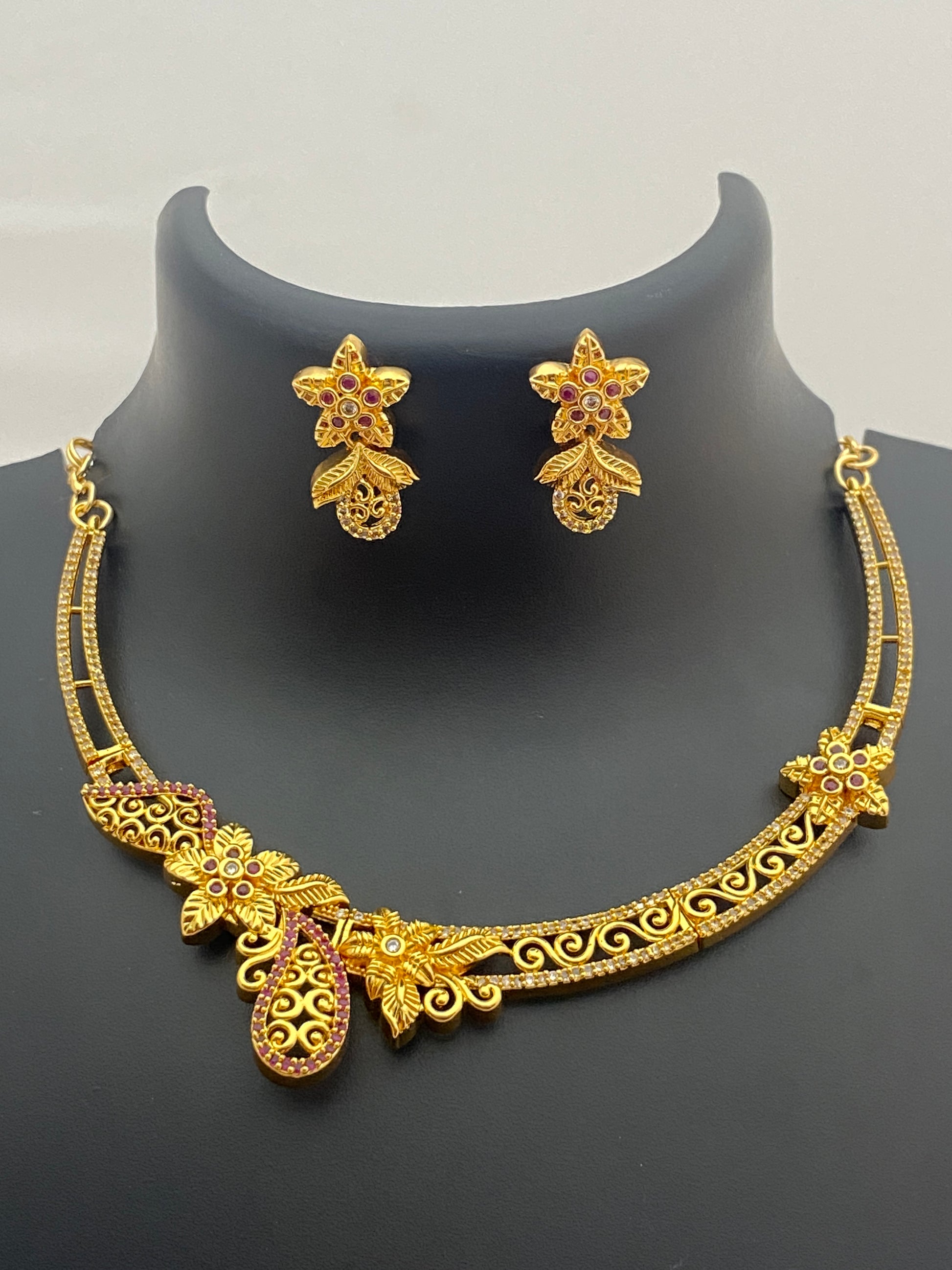 Stunning Gold Plated Premium Ruby Stoned Necklace Set