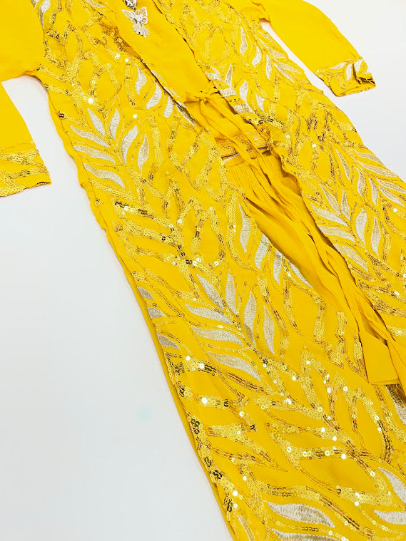 Alluring Yellow Color Georgette With Embroidery And Sequins Work Sharara Set For Kids Girls