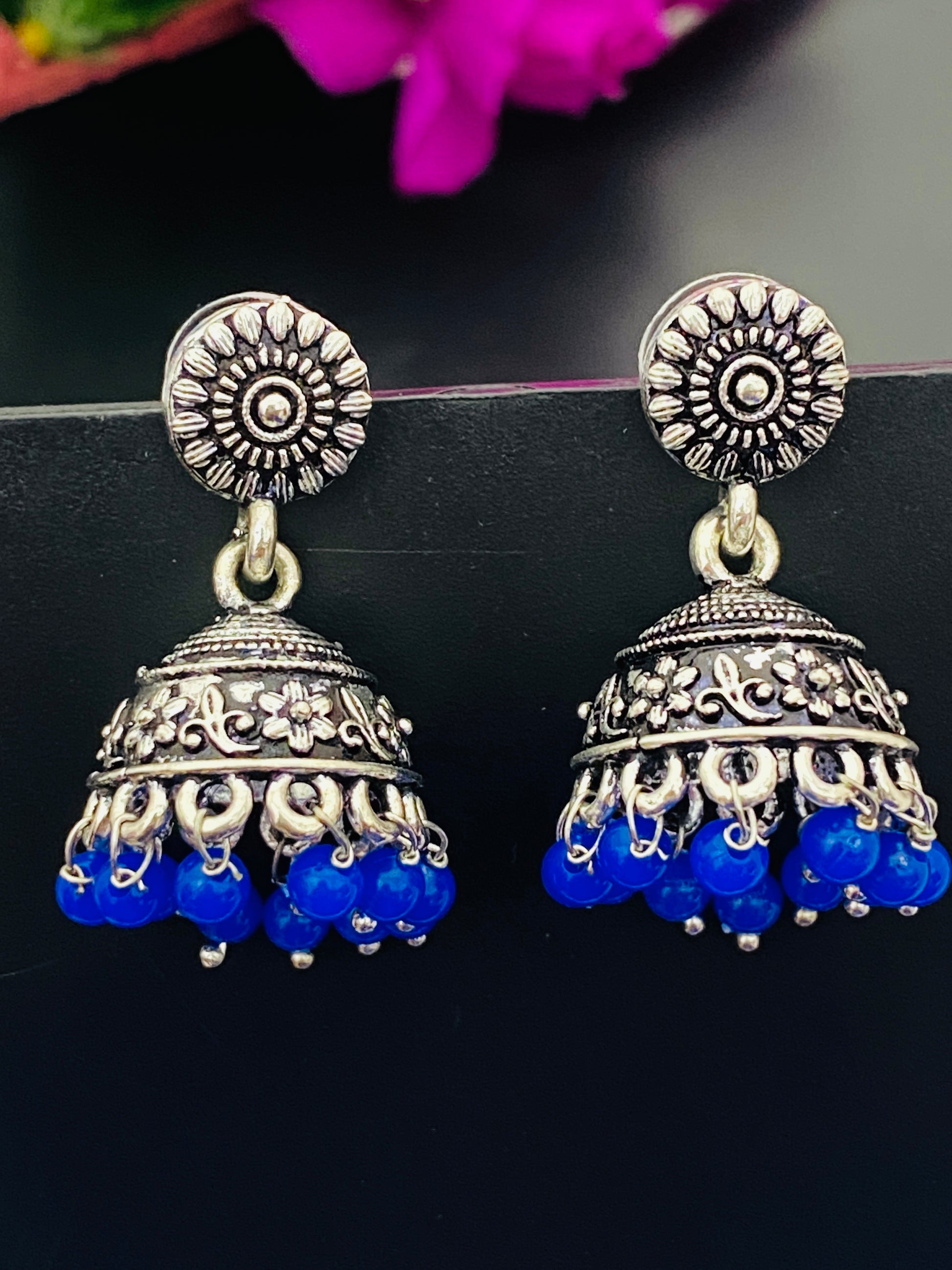 Leaf Design Jhumka With Blue Color Pearl Beads In Gilbert