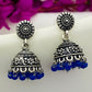 Traditional Oxidized Silver Plated Leaf Design Jhumka With Blue Color Pearl Beads
