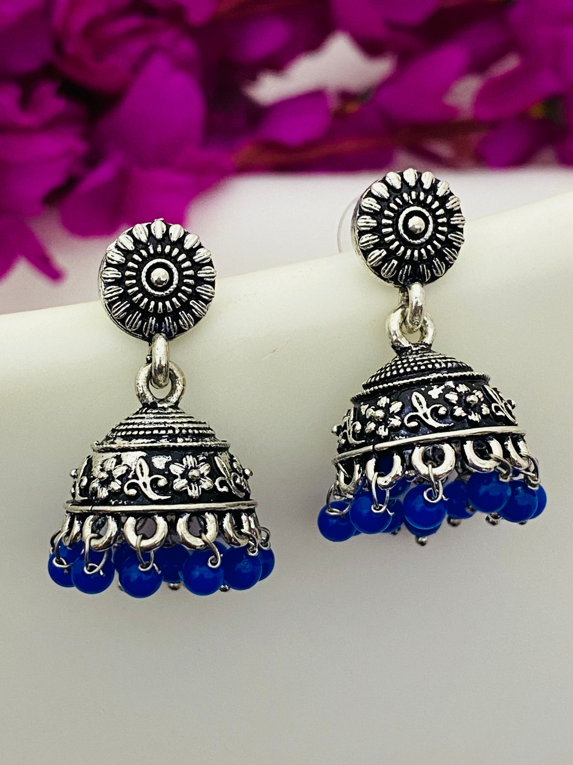 Traditional Oxidized Silver Plated Leaf Design Jhumka With Blue Color Pearl Beads