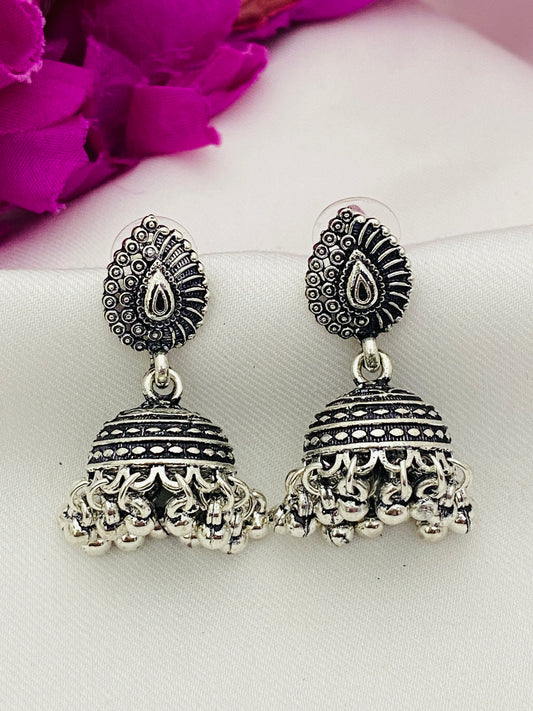 Marvelous Oxidized Silver Plated Jhumka Earrings With Beads