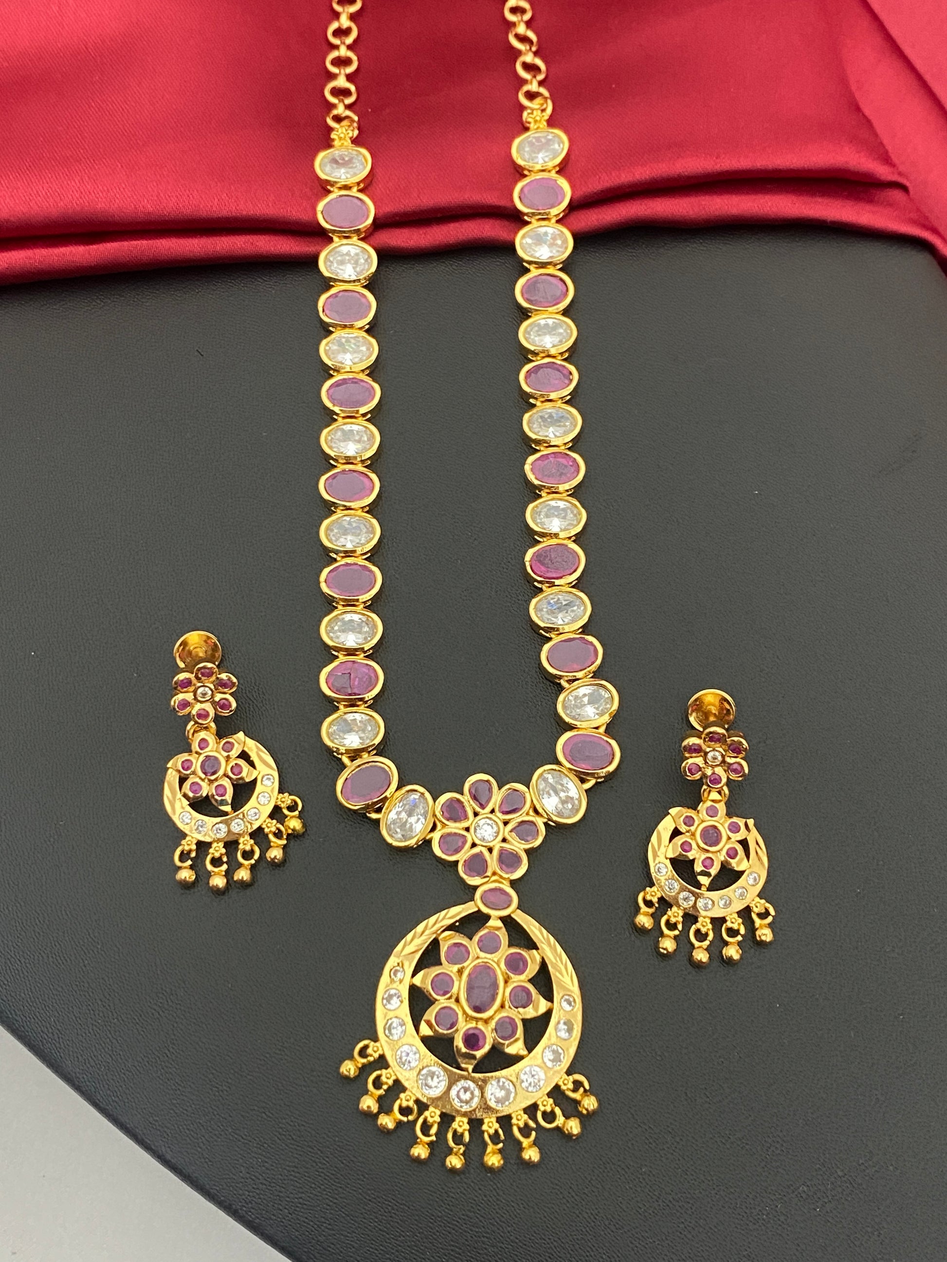 Charming Premium Quality Ruby Color Gold Plated Necklace And Earrings For Women