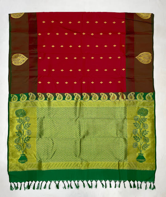 Gorgeous Red Color Pure Kanchi Silk With Gold Zari Work Saree In Yuma