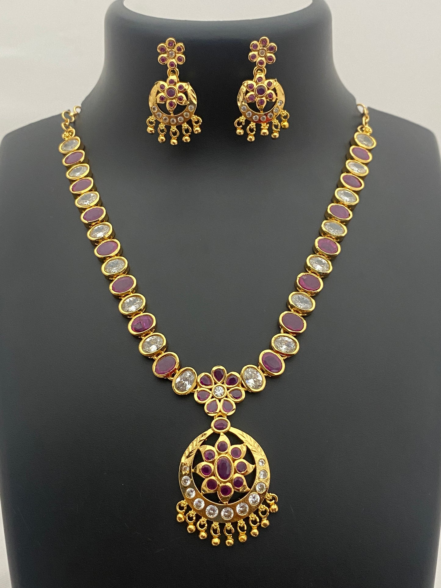 Charming Premium Quality Ruby Color Gold Plated Necklace And Earrings For Women Near Me
